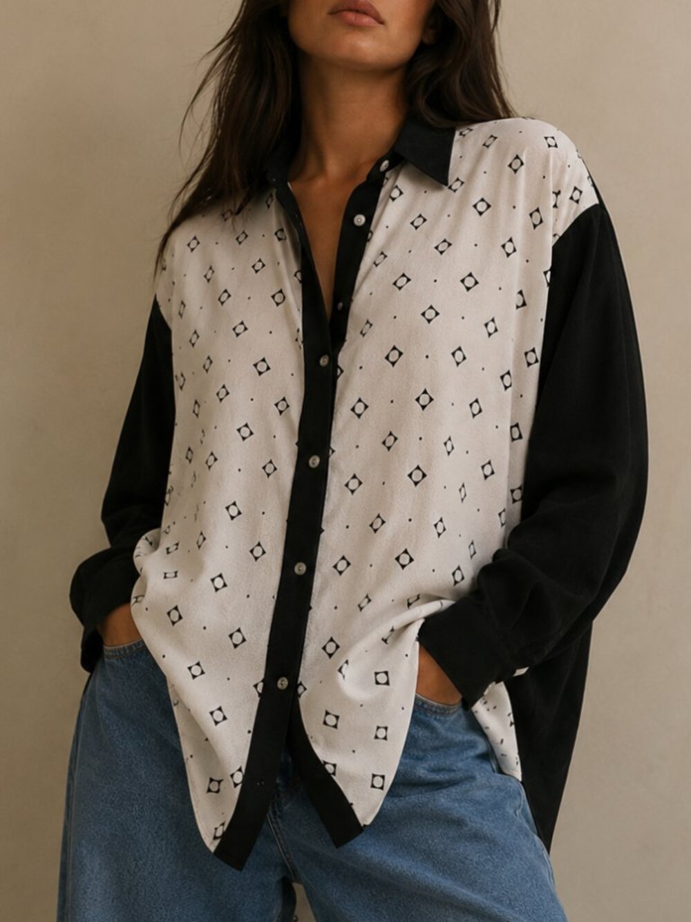 Versace Jeans Couture‎ Vintage 90s Patterned Button Down Blouse Black White XL